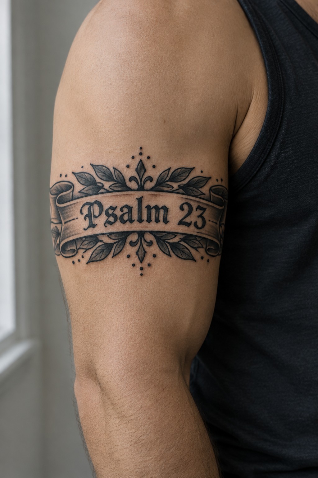Black ink Psalm 23 banner tattoo with leaves on upper arm in tank top.