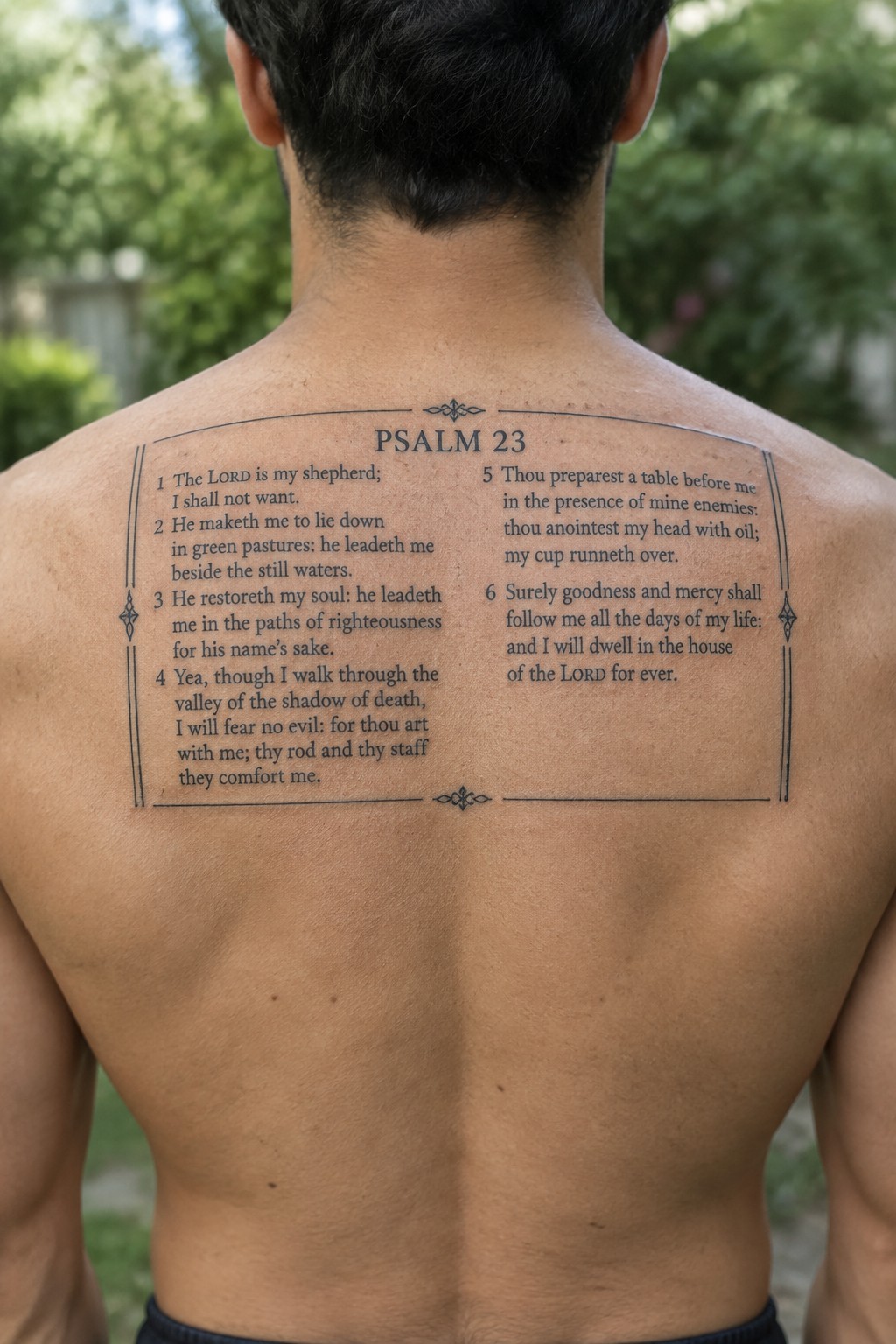 Muscular shirtless man with full Psalm 23 tattoo in black text on upper back