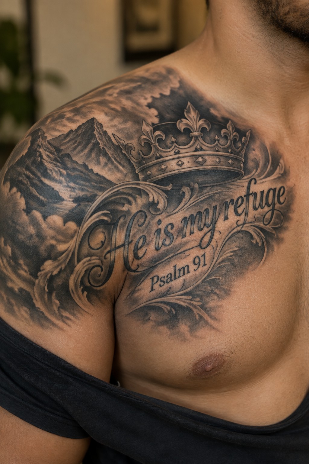 Black and gray tattoo of mountains, crown, and