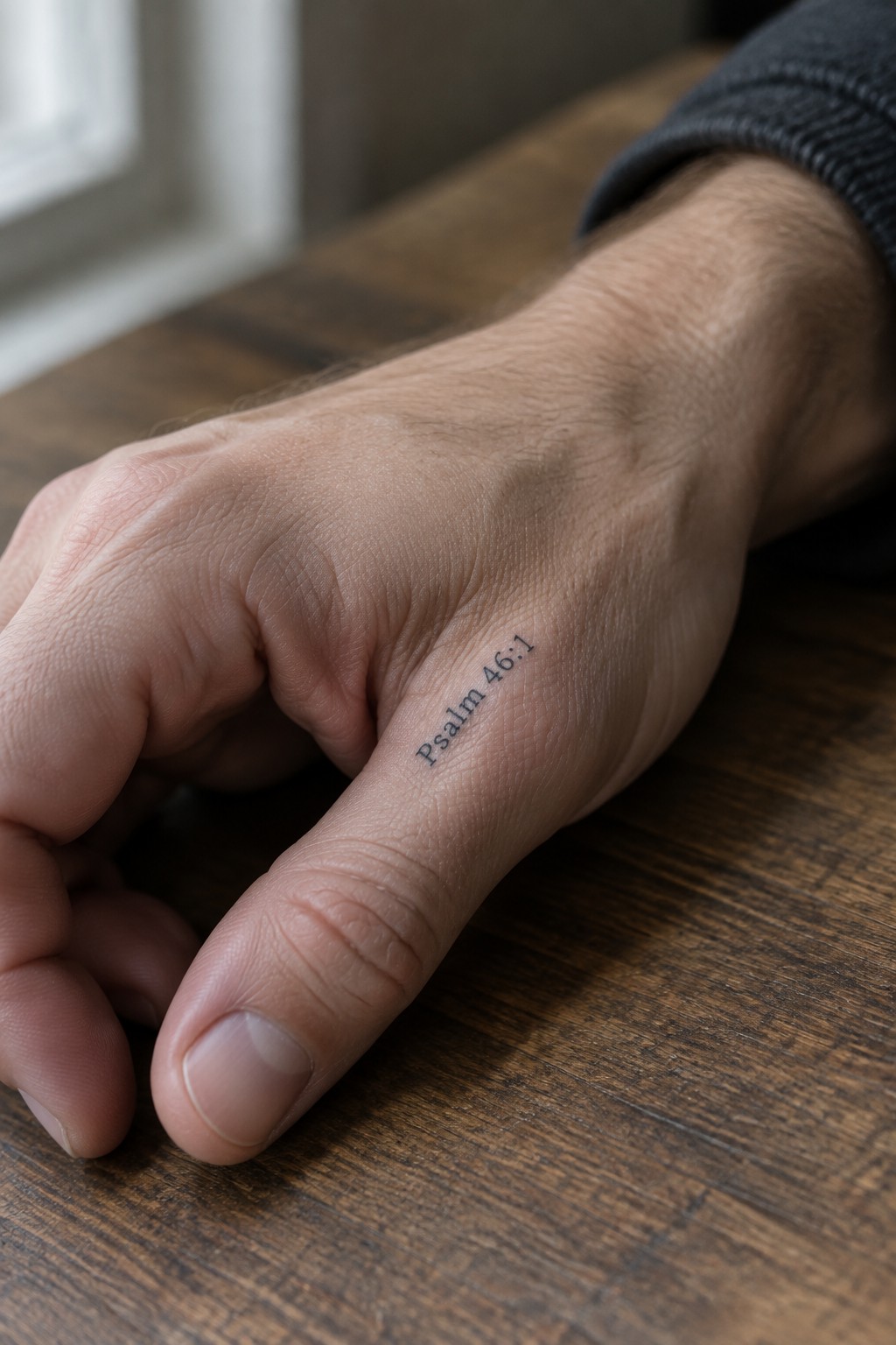 Hand with Psalm 46:1 tattoo resting on wooden table, dark gray sleeve visible.