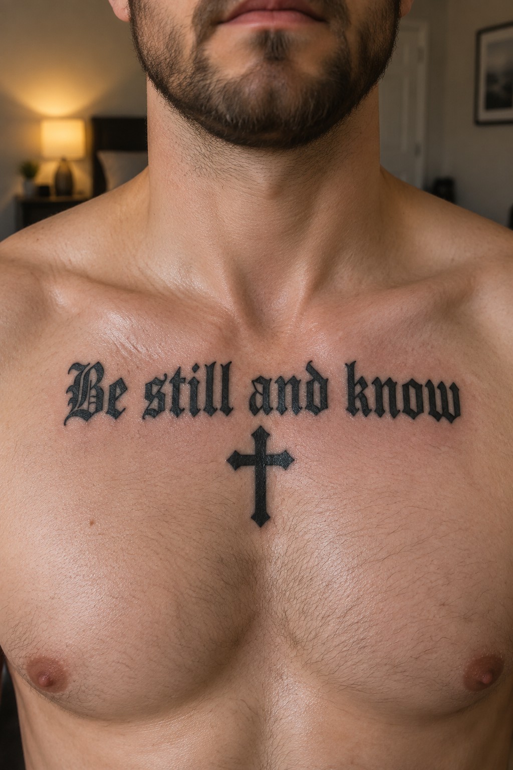 Bearded man's bare chest with gothic tattoo