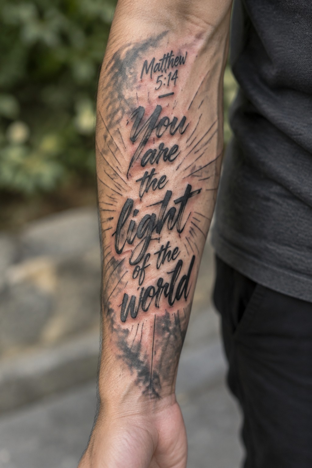 Man's forearm tattoo of Matthew 5:14 verse with black script and radiating rays