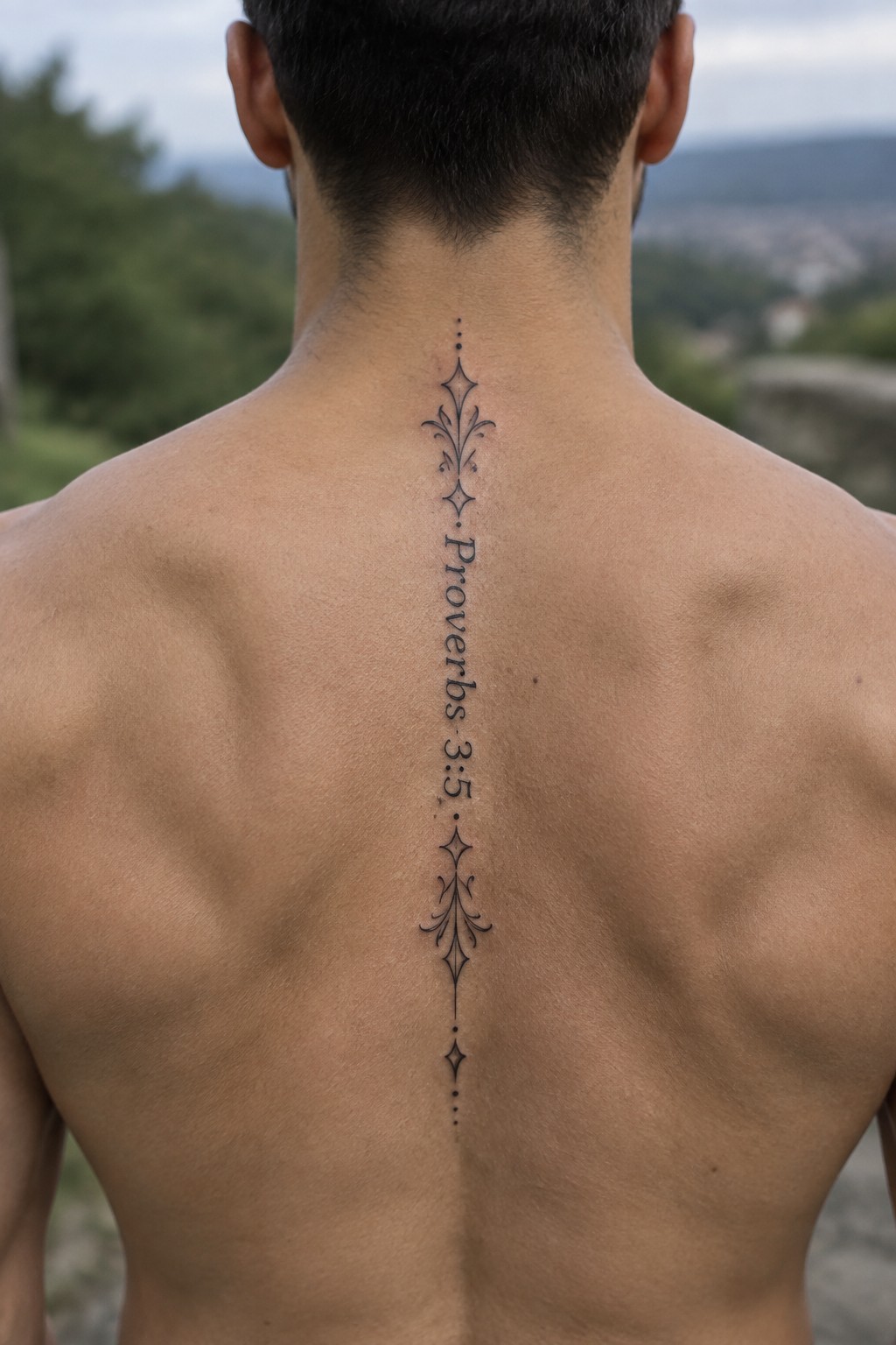 Vertical tattoo of Proverbs 3:5 with decorative flourishes running down a man's spine on the upper back.