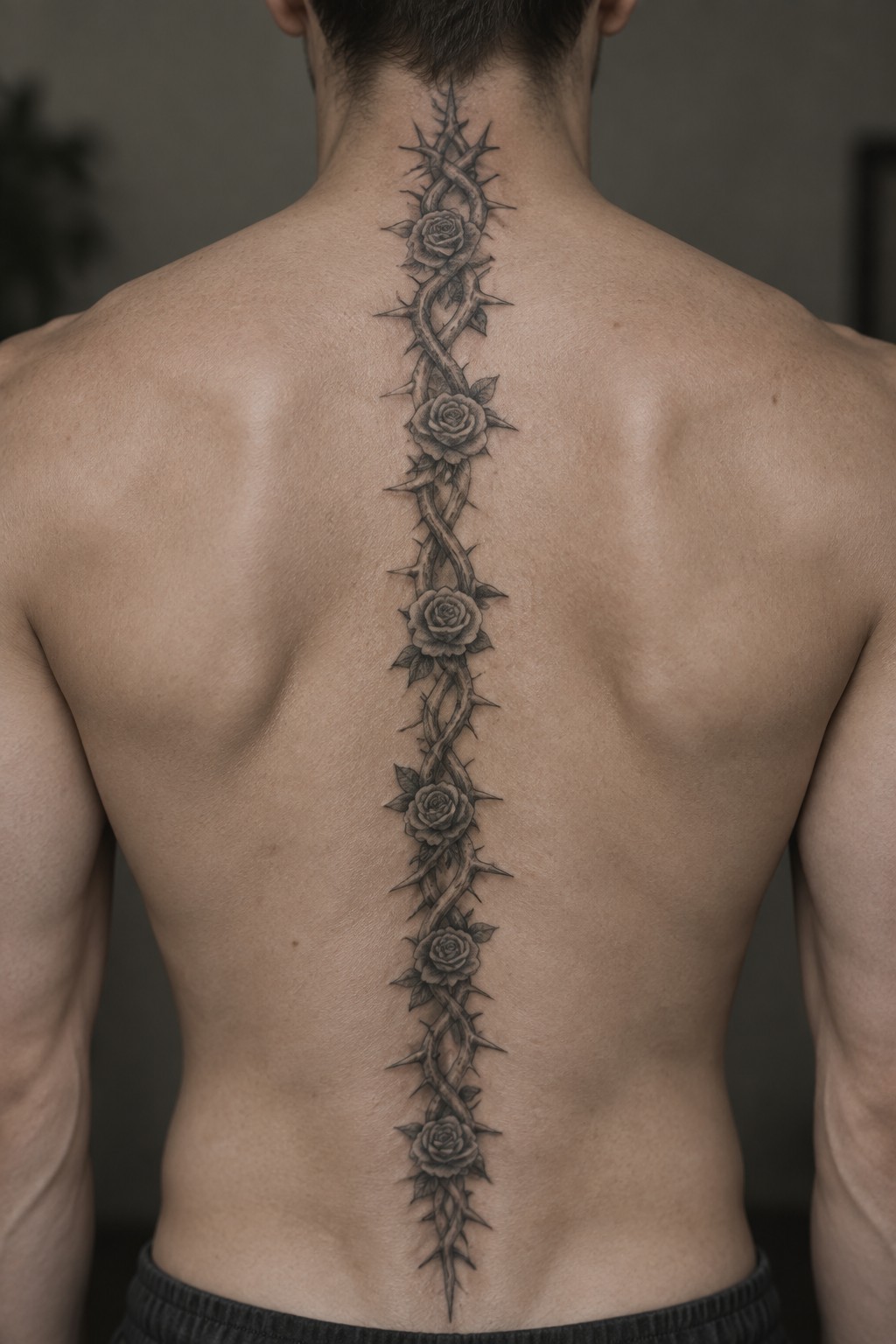 Muscular man's back with detailed black rose and thorn spine tattoo