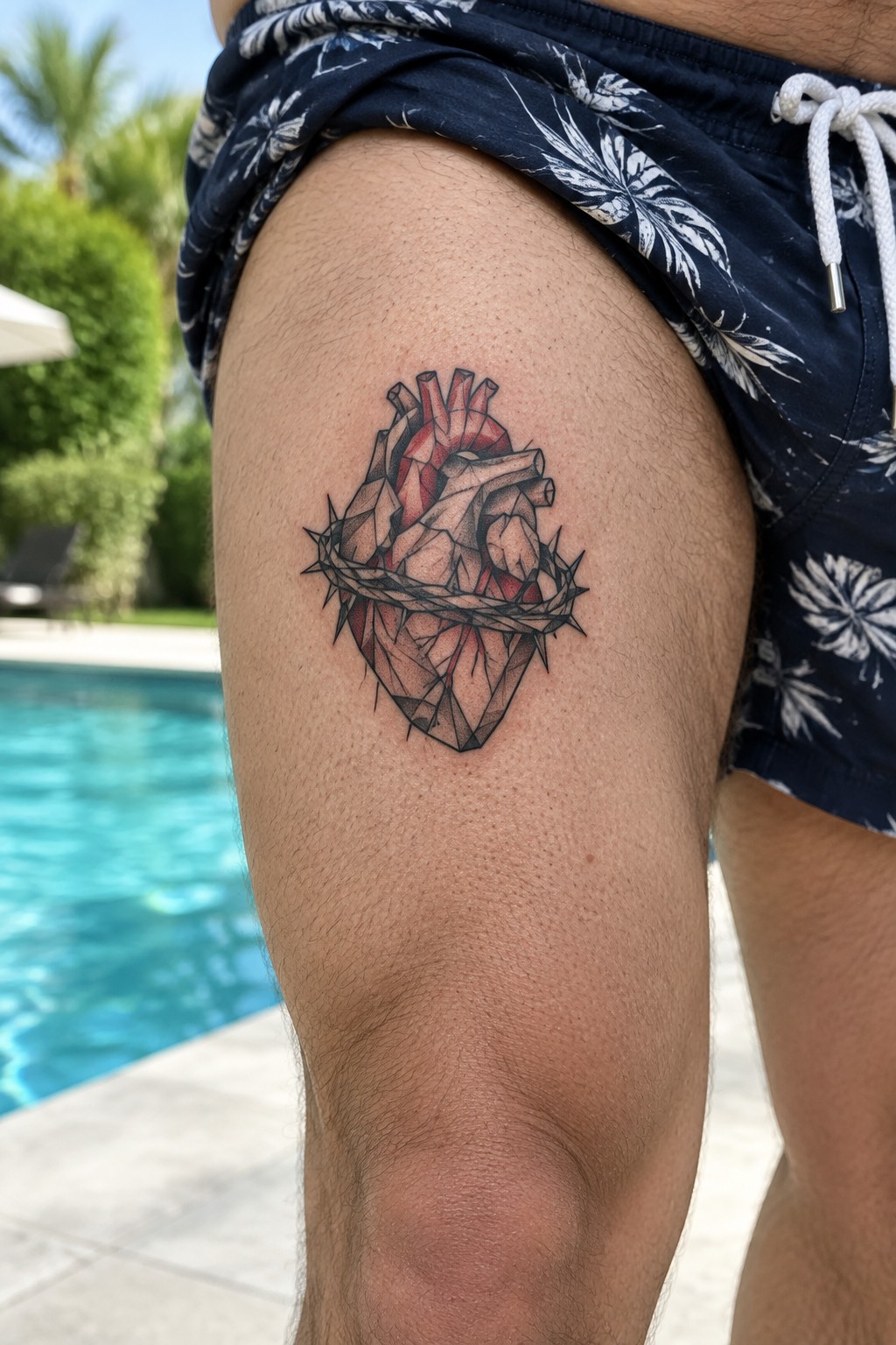 Geometric heart tattoo with crown of thorns on upper thigh in black and red polygonal style