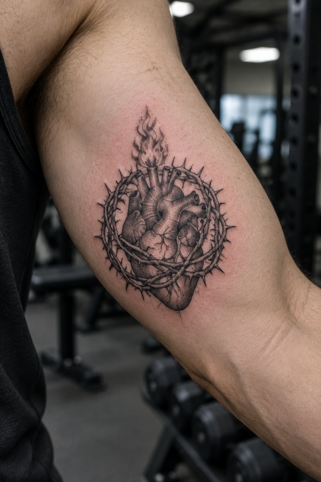 Black ink anatomical heart tattoo encircled by thorns with flames on arm in gym