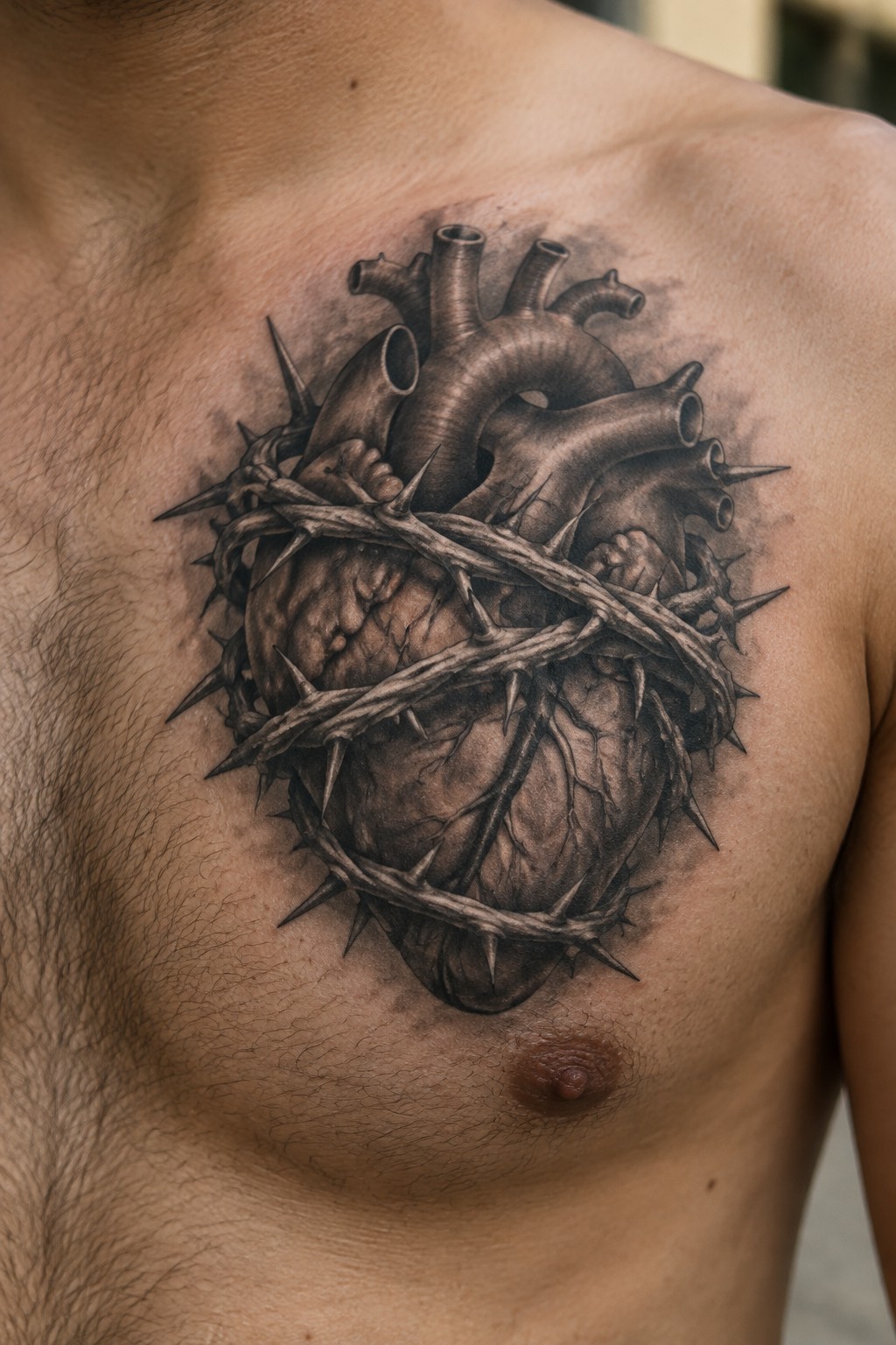 Realistic black-and-gray chest tattoo of anatomical heart wrapped in thorny vines