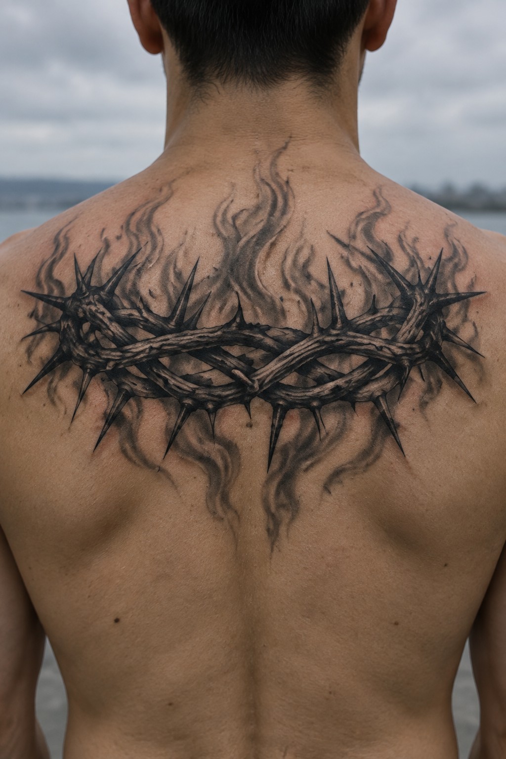 Shirtless man's back with large realistic crown of thorns and flame tattoo.