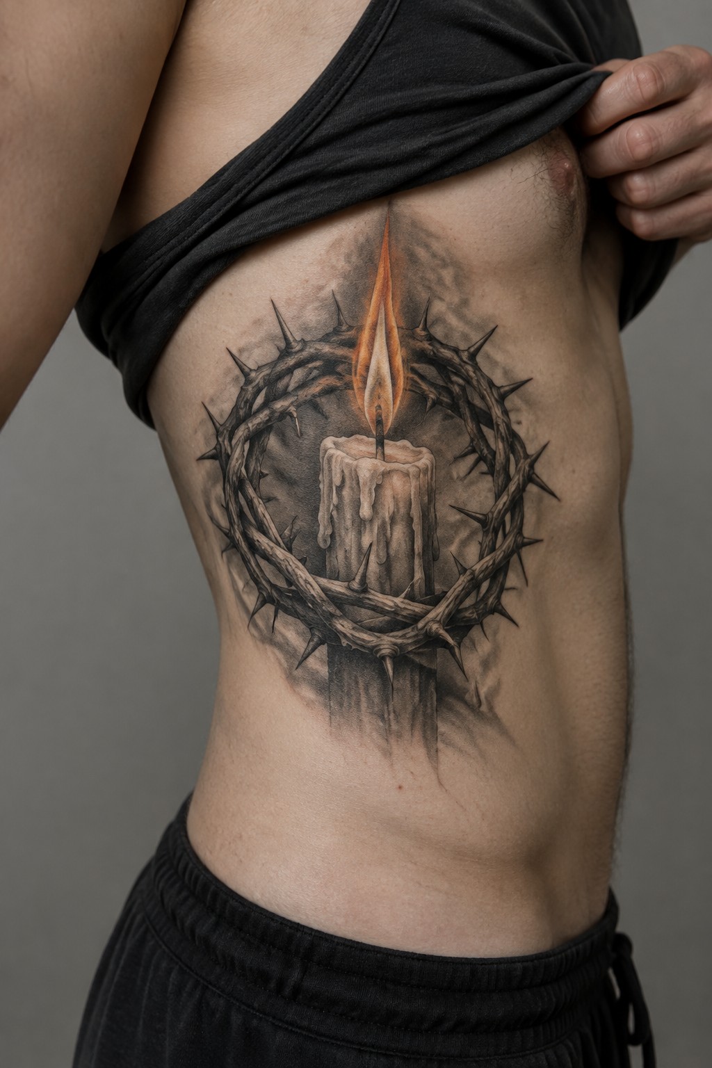 Person lifting black shirt to reveal crown of thorns candle tattoo on ribs