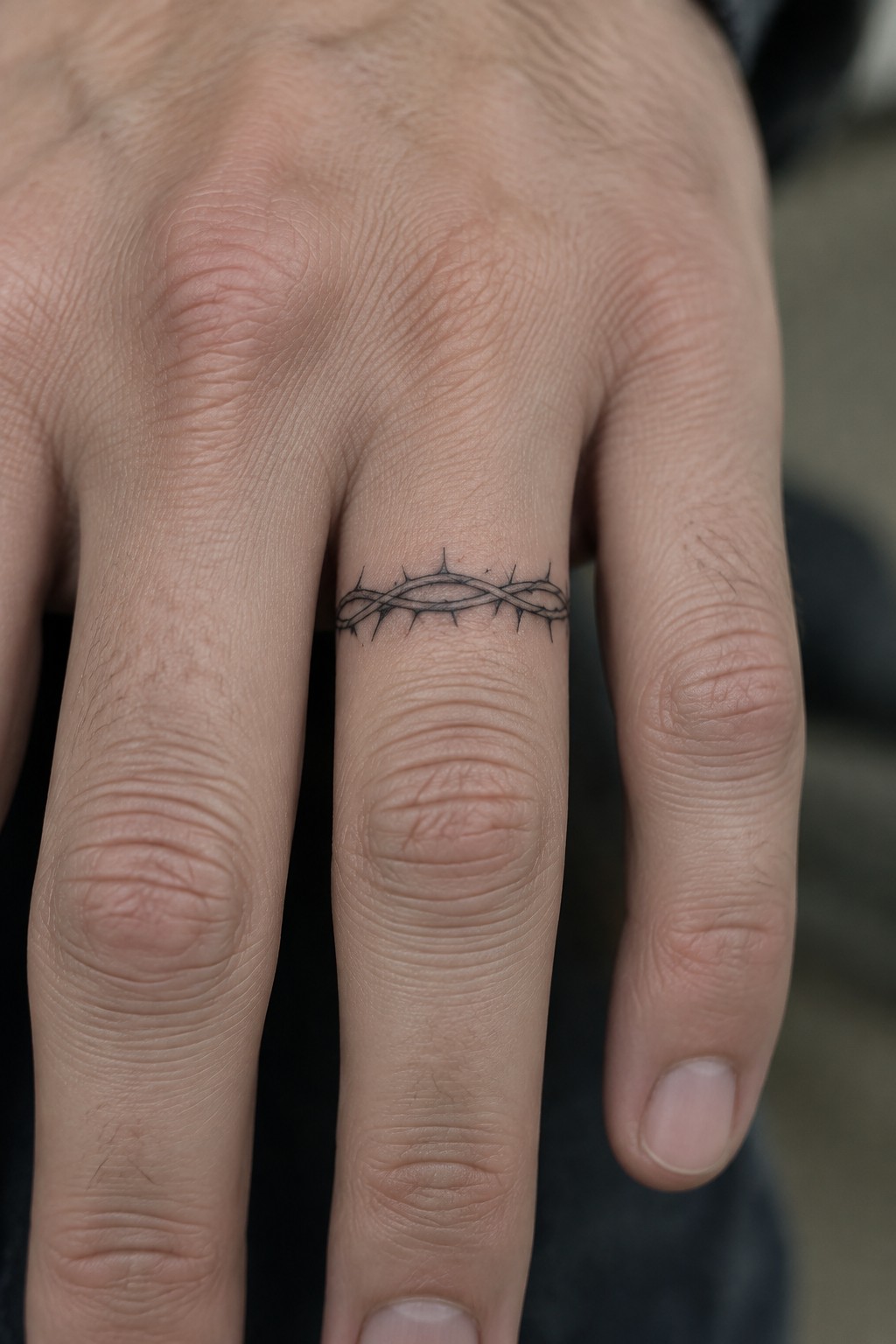 Close-up of a hand with black barbed wire tattoo wrapped around ring finger.