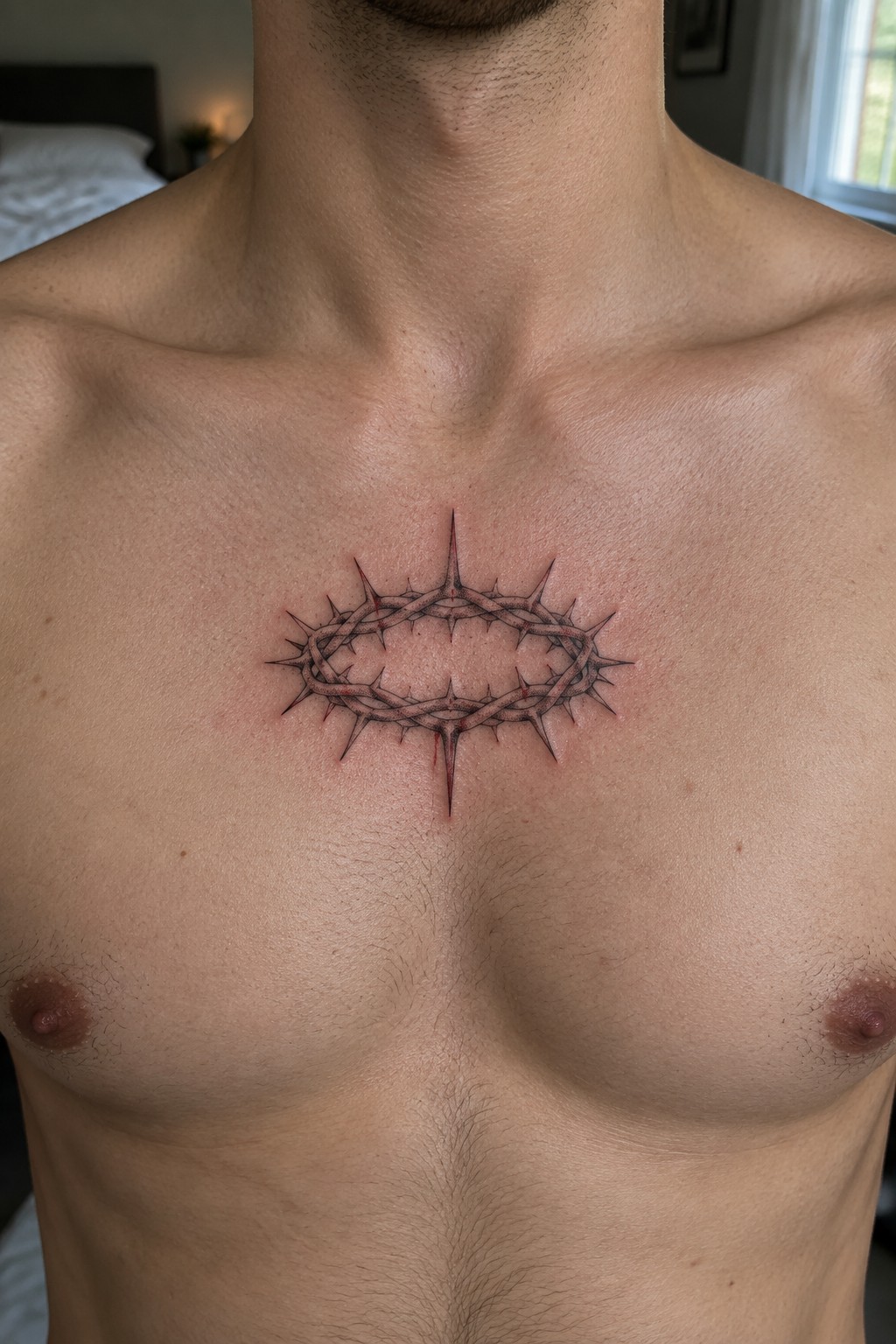 Shirtless man's chest with black and red crown of thorns tattoo
