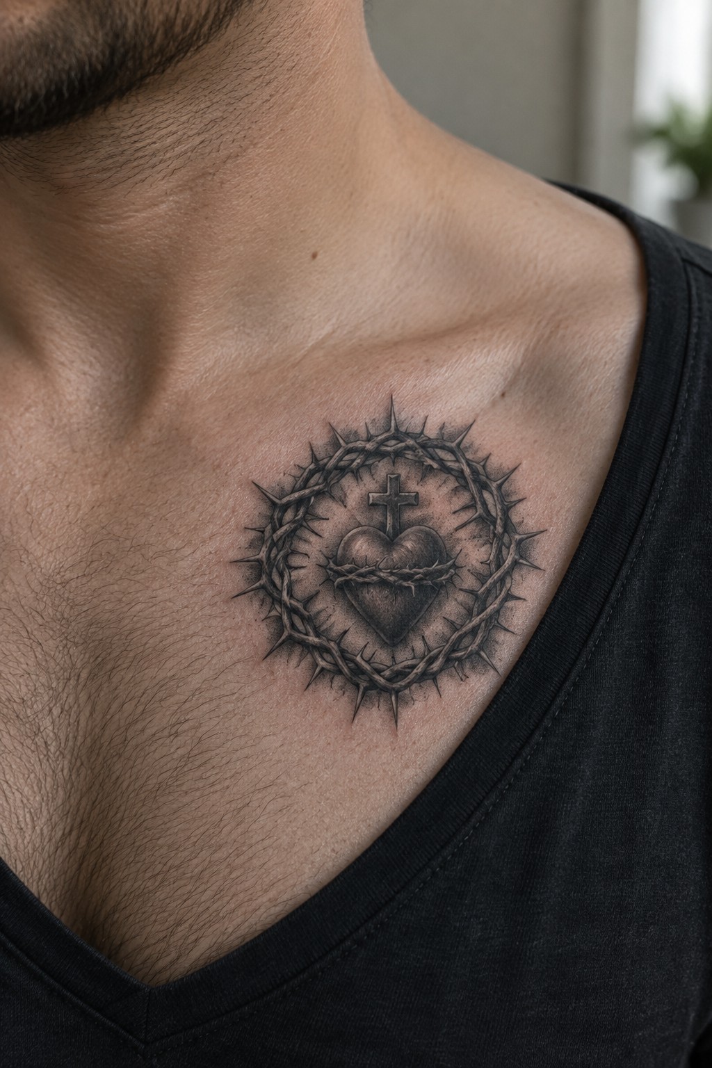 Black and gray thorny heart with cross tattoo on man's chest above black V-neck shirt