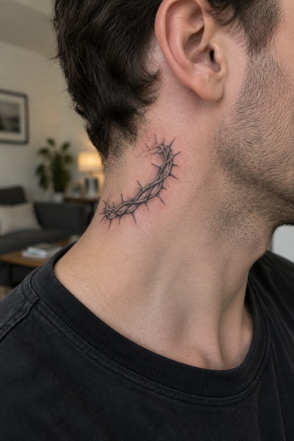Black crown of thorns tattoo on side of man's neck in black shirt