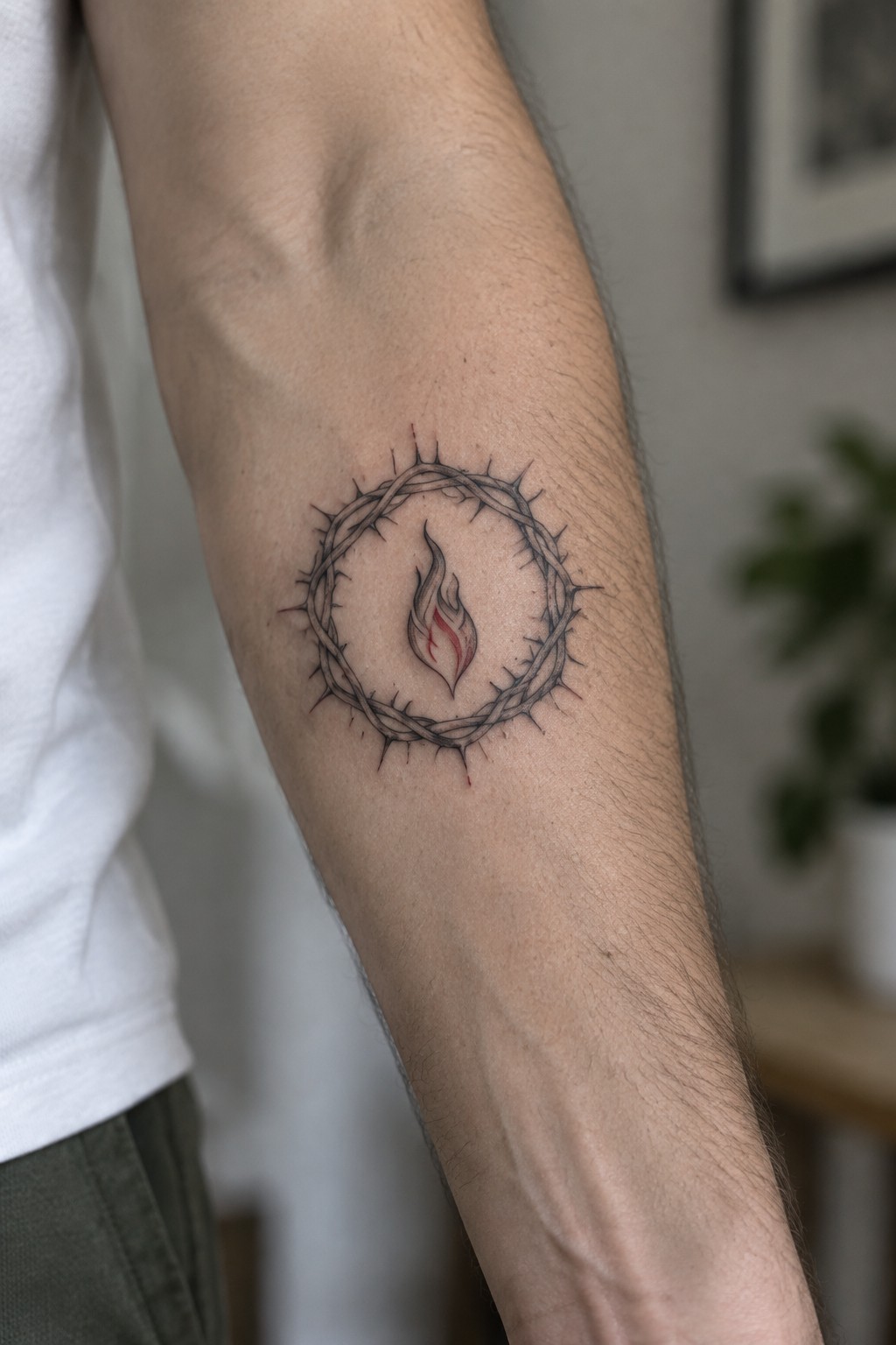Circular crown of thorns tattoo with red flame on upper arm