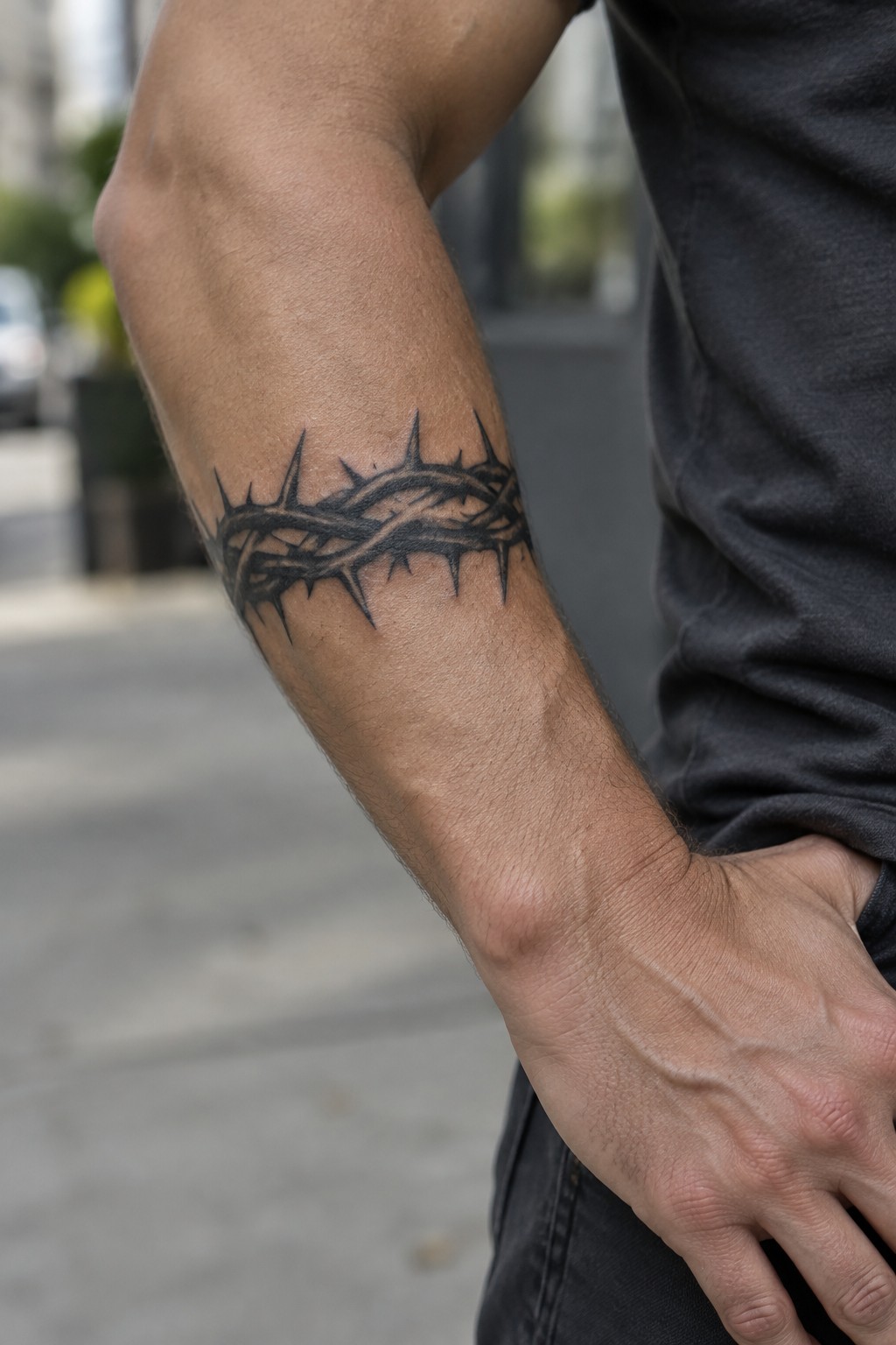 Muscular arm with black crown of thorns tattoo, hand in pocket, dark shirt.