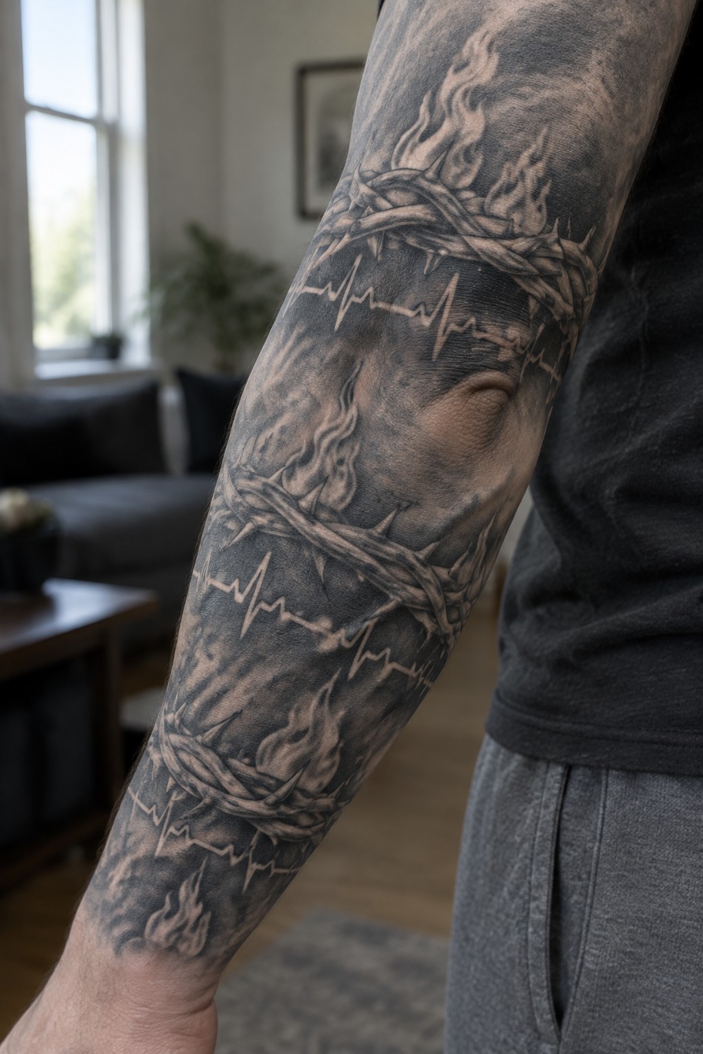 Black and grey crown of thorns tattoo with flames and heartbeat lines wrapping around a man's forearm.