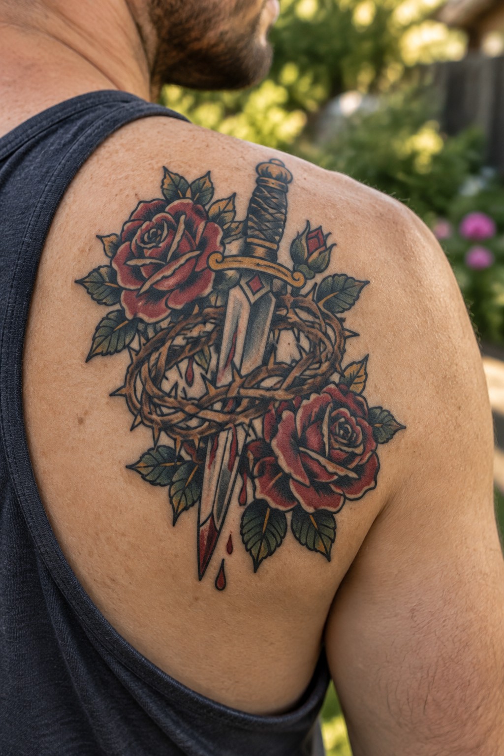 Man's shoulder in black tank top with dagger, thorns, and red rose tattoo