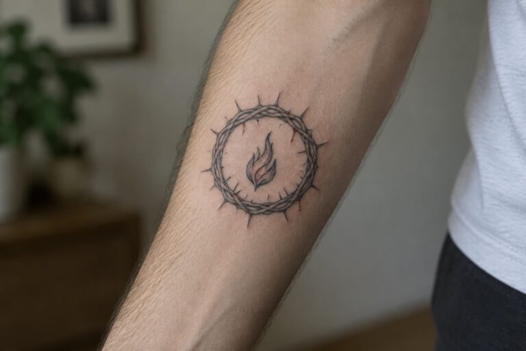 Circular crown of thorns tattoo with red flame on upper arm