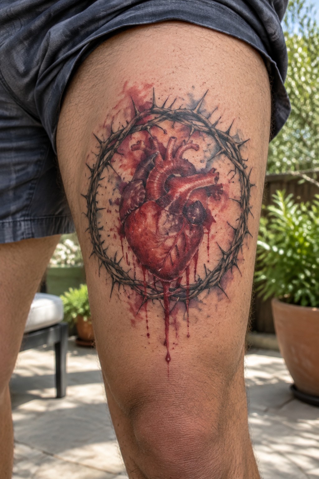 Realistic anatomical heart tattoo wrapped in thorny crown with dripping blood on thigh