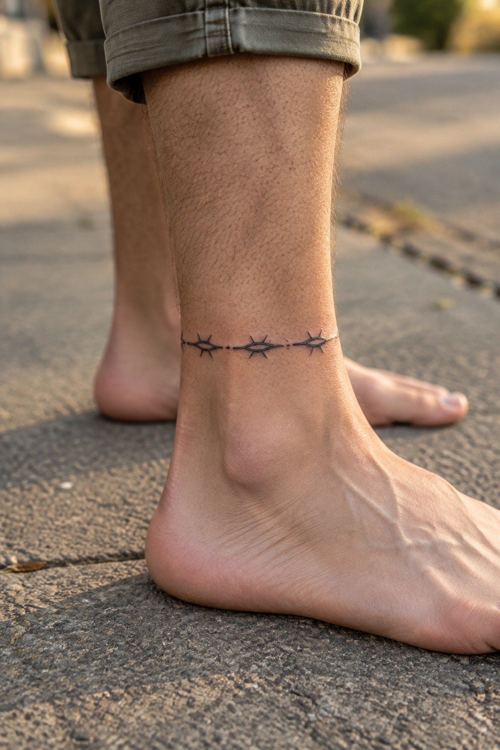 Bare ankle with black barbed-wire tattoo, green cuffed pants, on pavement.