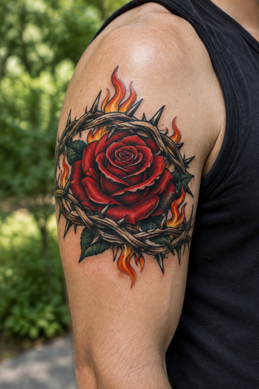 Realistic red rose tattoo wrapped in barbed wire with flames on shoulder