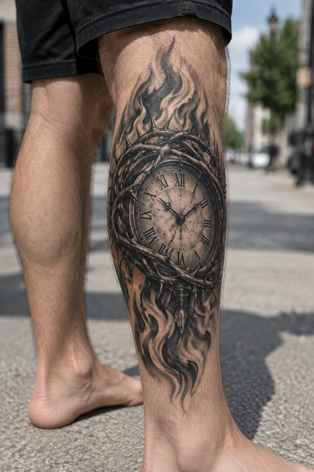 Realistic clock tattoo wrapped in barbed wire with flames on leg in black shorts