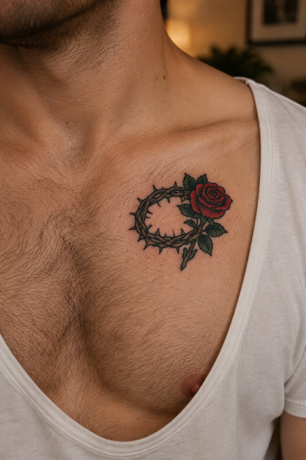 Man's hairy chest with crown of thorns and red rose tattoo on white tank top.