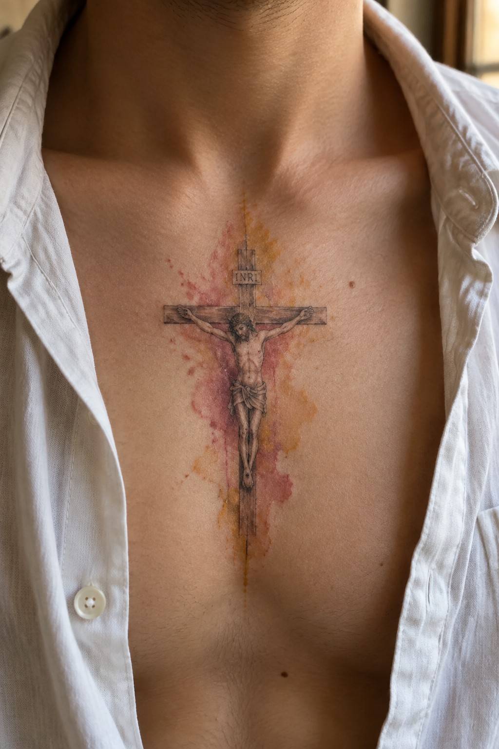 Open white shirt revealing Jesus crucifix tattoo with red-orange watercolor splashes