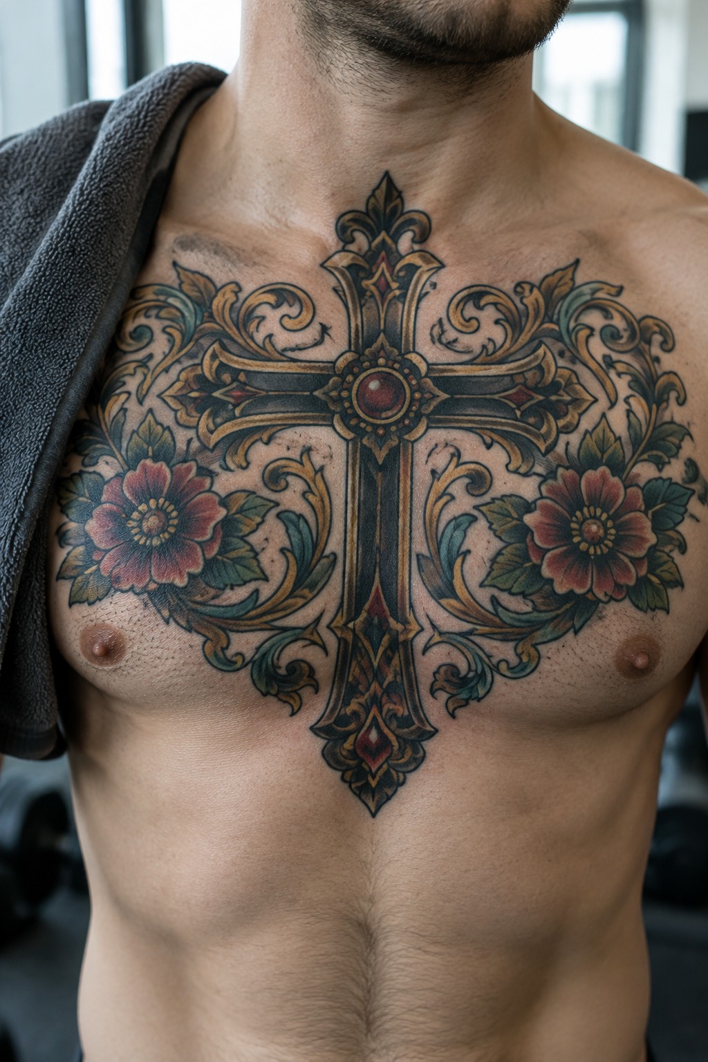 Muscular torso with large ornate cross and floral chest tattoo, gray towel draped over shoulder.