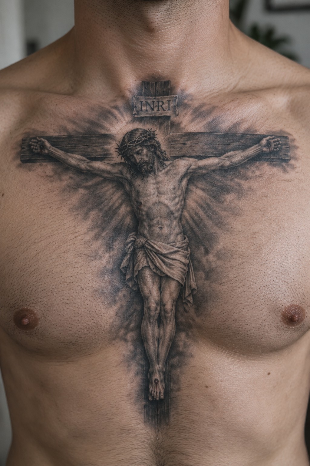 Realistic black and gray tattoo of Jesus crucified on cross with INRI on chest