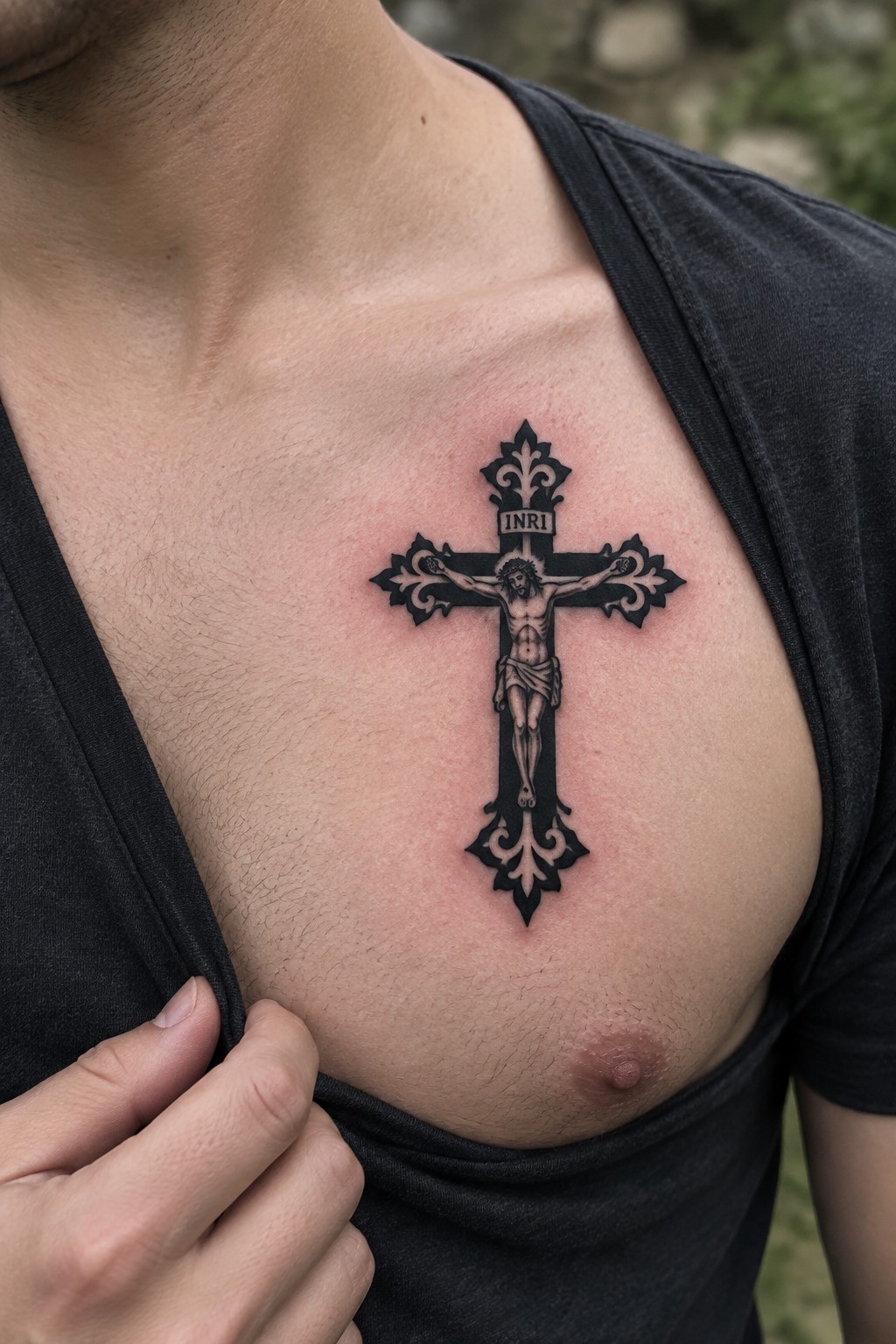 Black and grey crucifix tattoo with Jesus centered on a man's chest