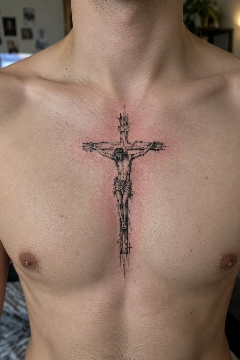 Black ink crucifix tattoo with Jesus on the cross placed in the center of a man's chest