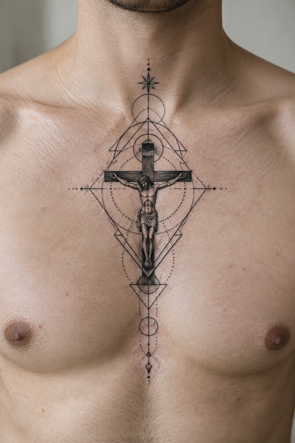 Crucifixion tattoo with sacred geometry patterns on man's bare chest.