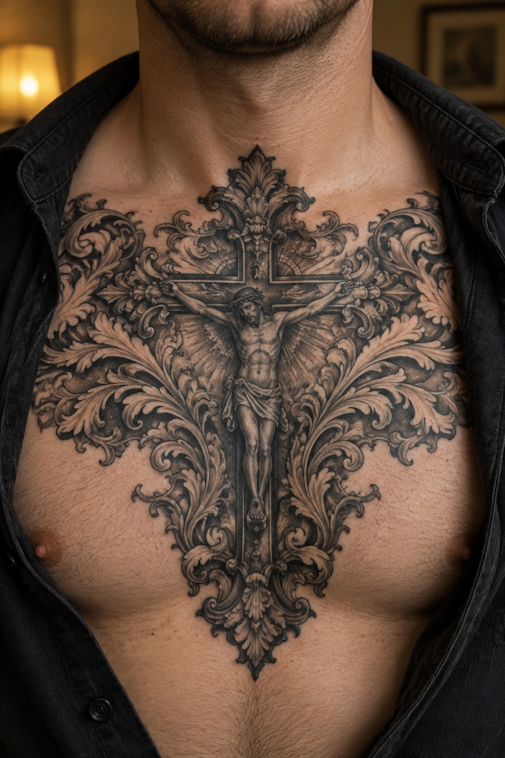 Ornate black-and-gray crucifix tattoo of Jesus covering man's chest under open shirt.
