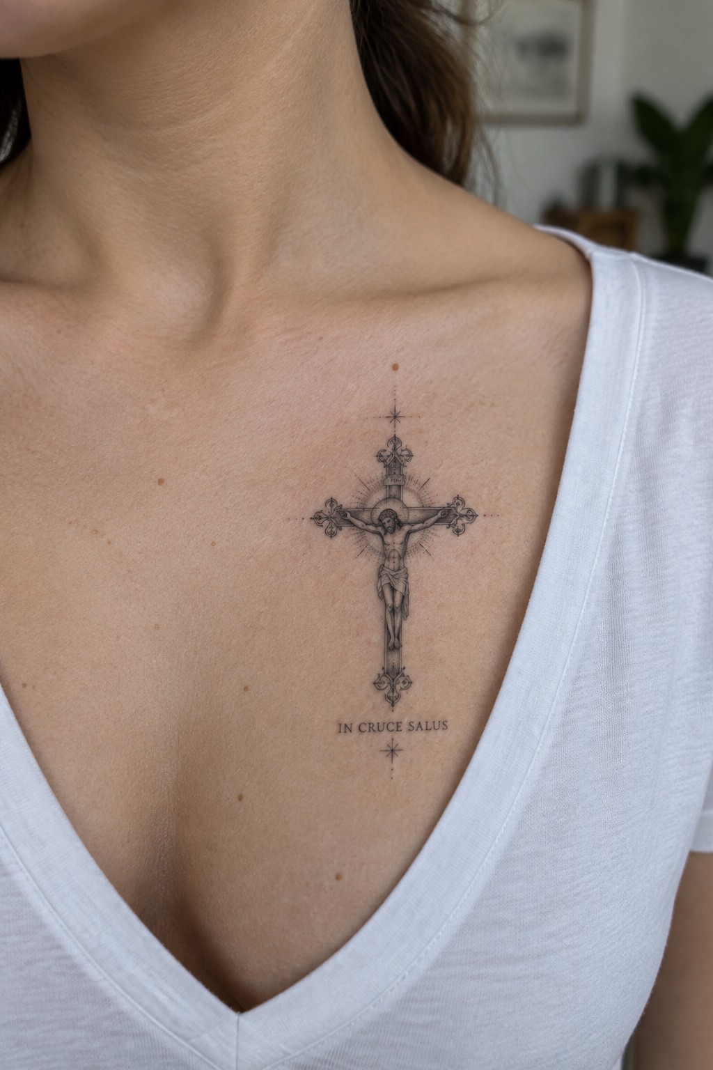 Ornate crucifix tattoo on chest over white V-neck shirt with Latin text below.
