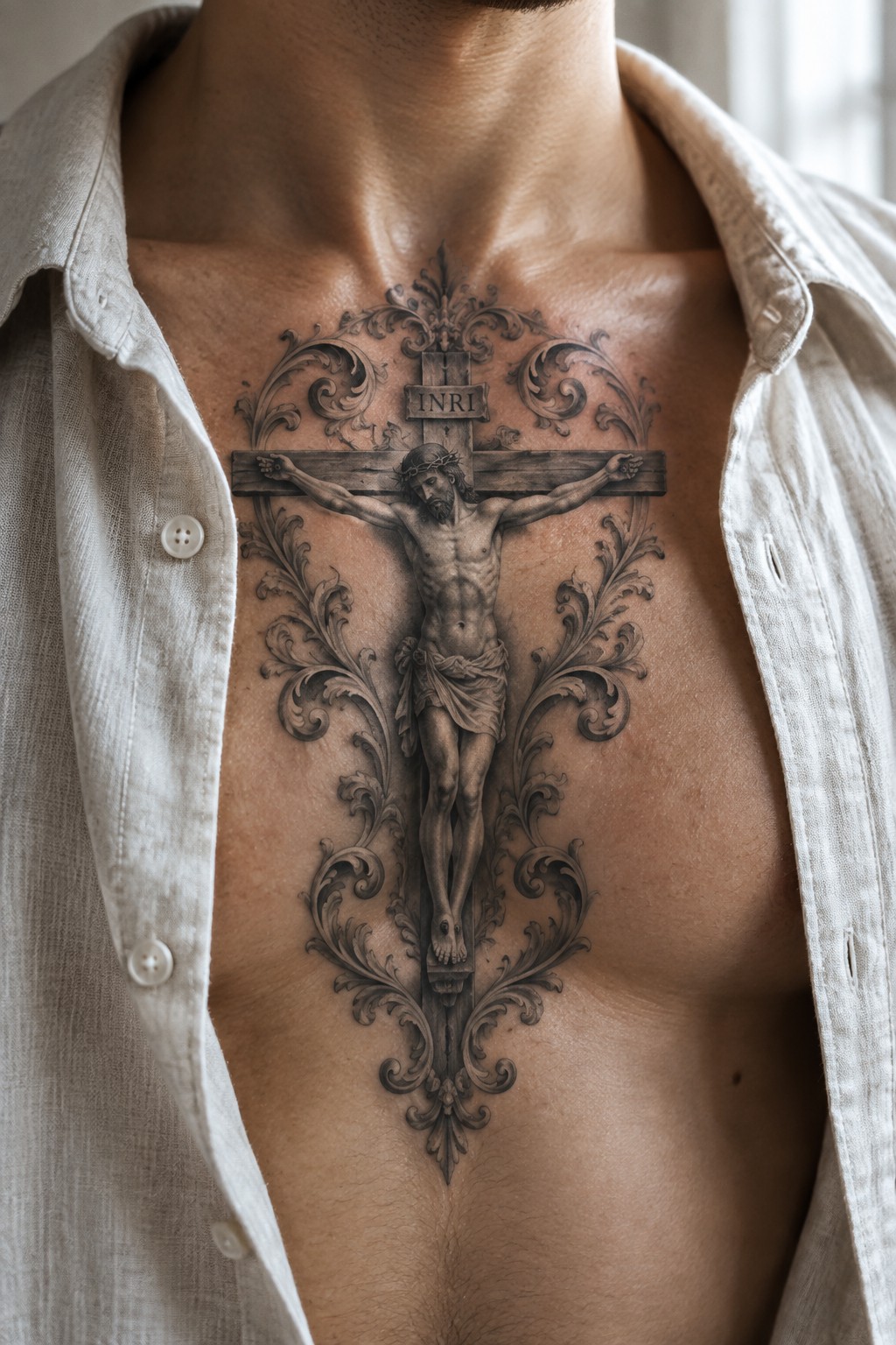 Black and grey crucifix tattoo with Jesus on the cross and ornate side flourishes covering a man's chest