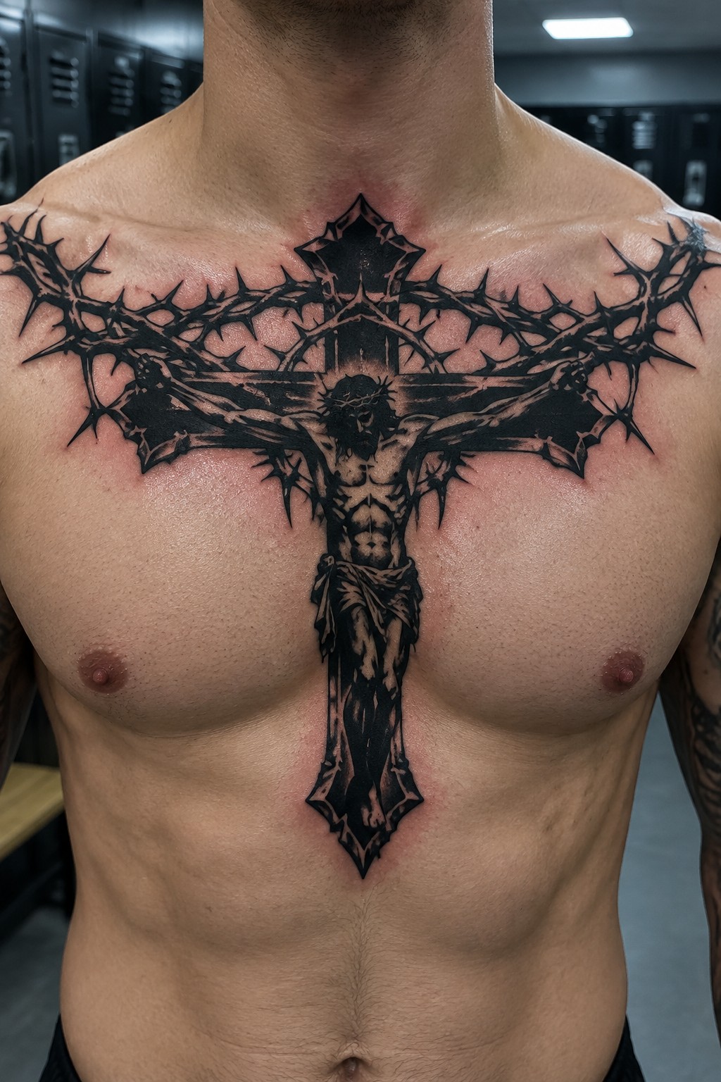Muscular chest with large black tattoo of Jesus on thorny crucifix.