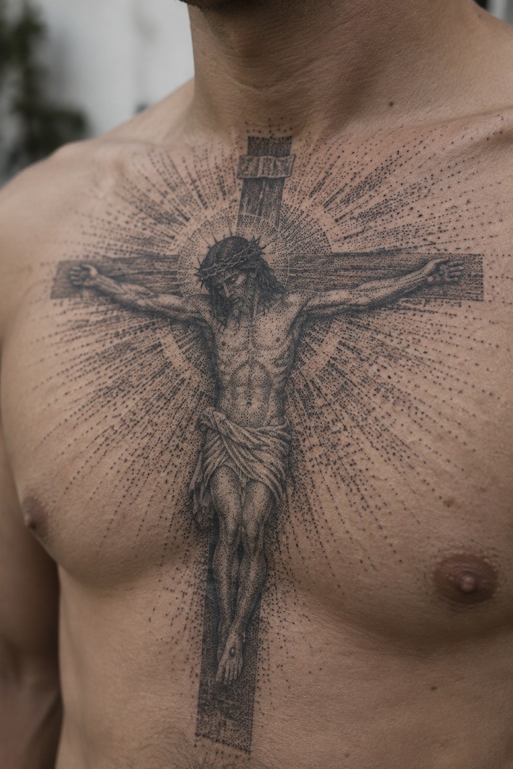 Large dotwork tattoo of Jesus crucified with radiating rays on bare chest