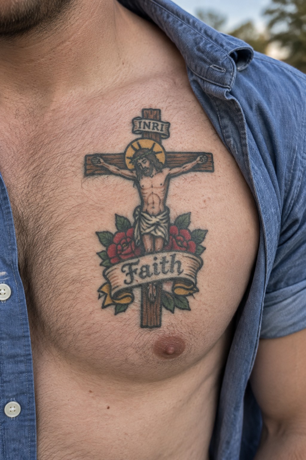 Man's open blue denim shirt revealing crucifix tattoo with Jesus, roses, and Faith banner