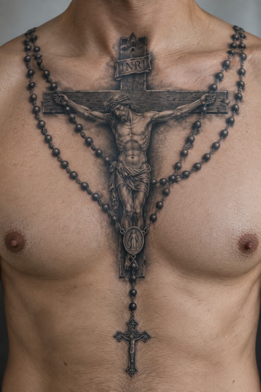 A realistic black and gray tattoo of Jesus on the cross with rosary beads draped over it, centered on a man's chest.