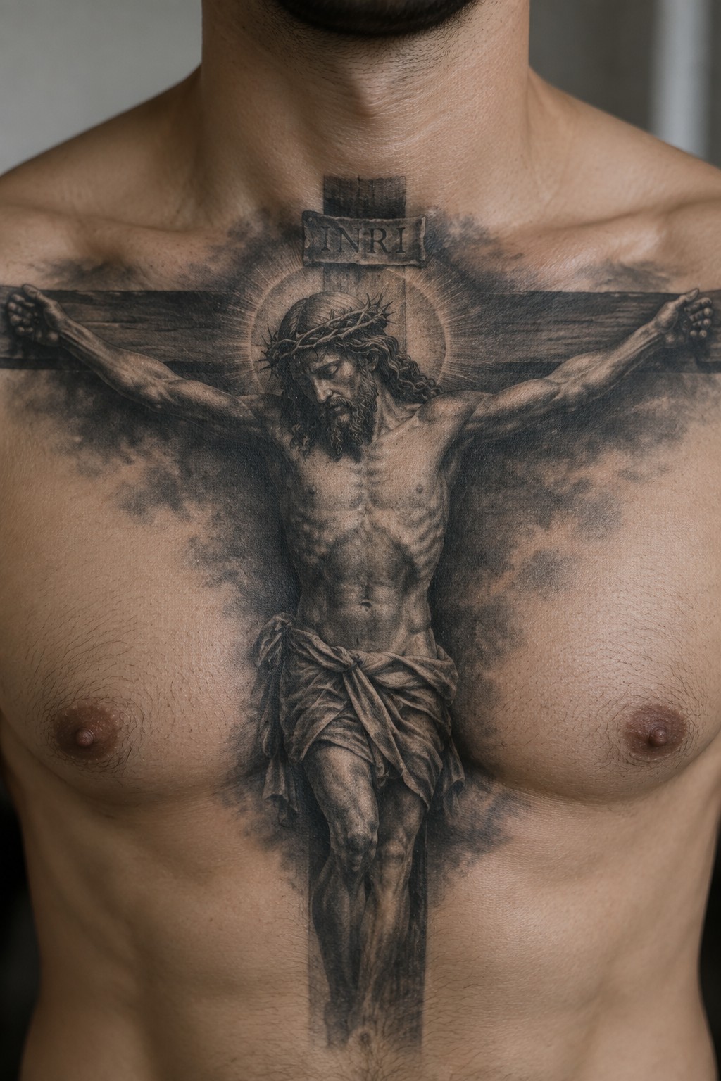 Shirtless man's chest with large black-and-gray Jesus crucifixion tattoo and INRI sign.
