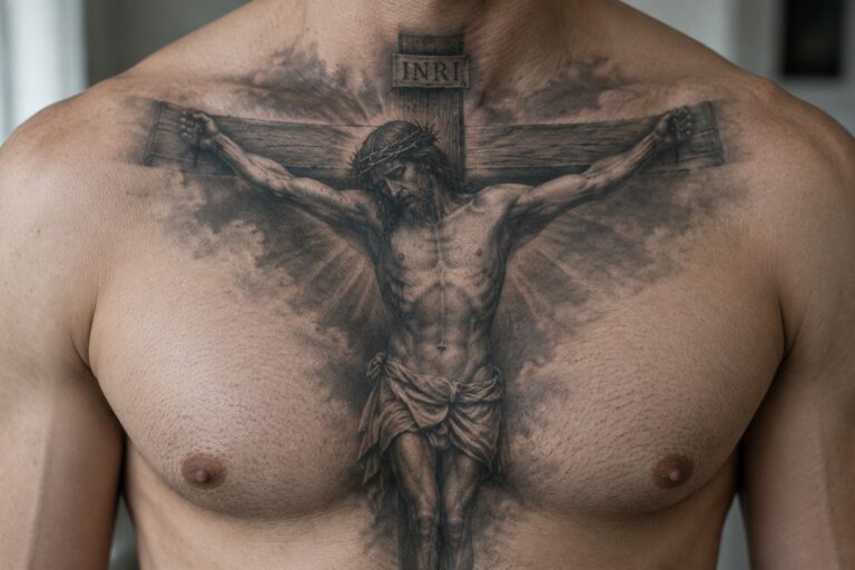 18 Powerful Christian Chest Tattoos for Men Centered on Crucifix Designs Realistic black and gray tattoo of Jesus crucified on cross with INRI on chest