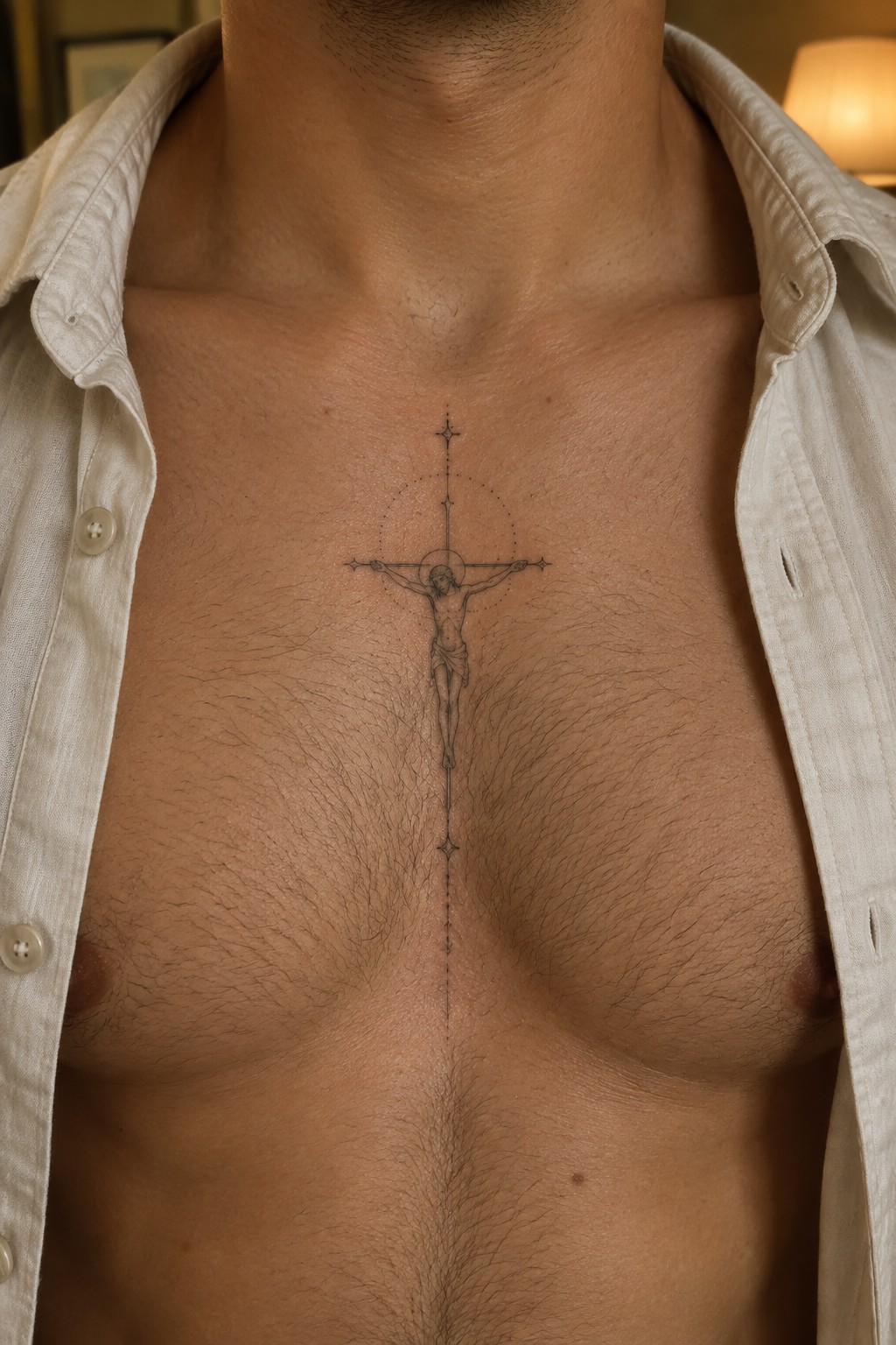 Man's hairy chest with Jesus crucifix tattoo beneath open white shirt