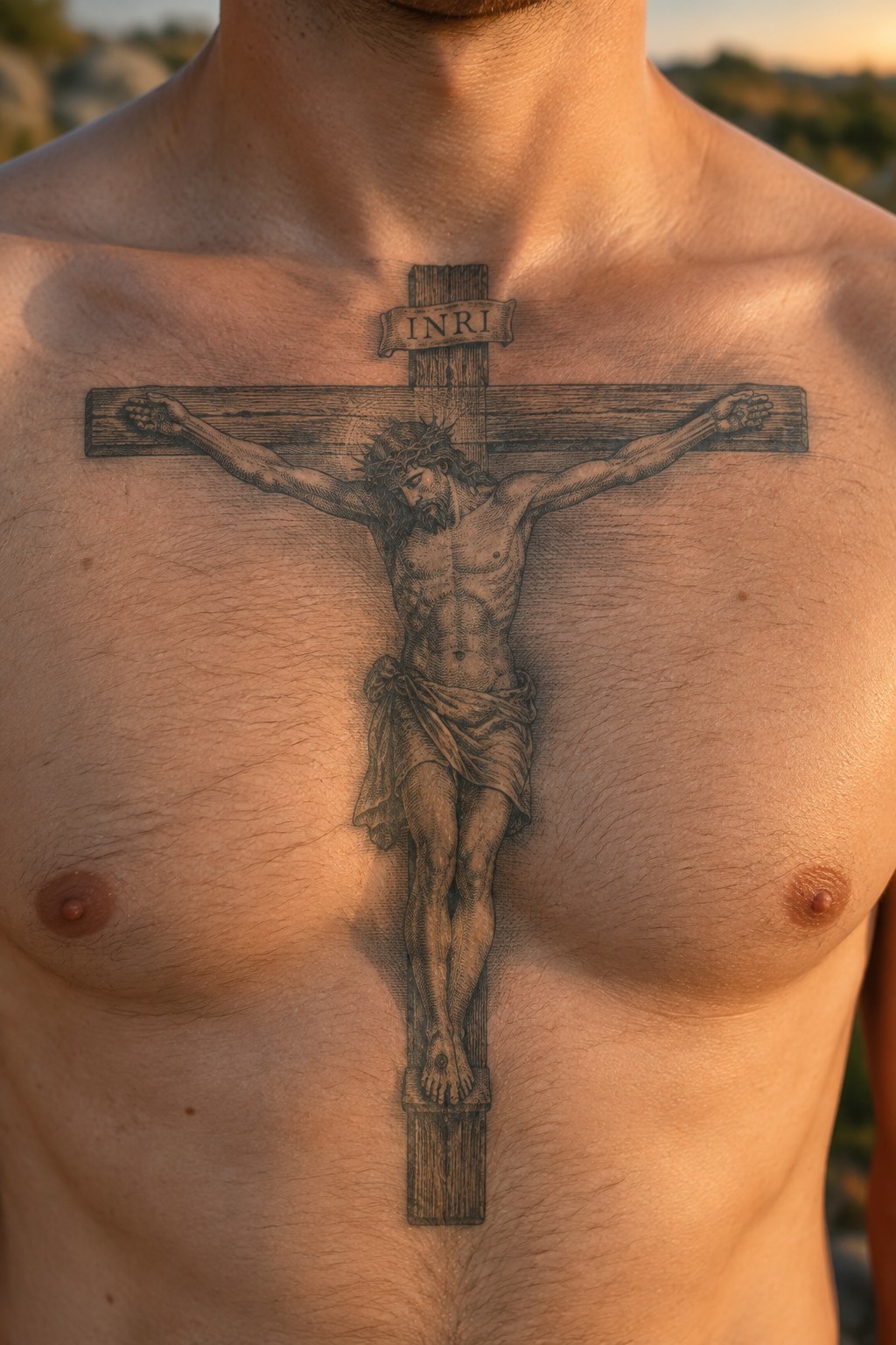 Large crucifixion tattoo of Jesus with INRI on a man's bare chest in warm light