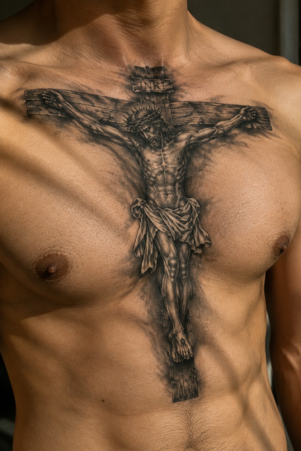 Muscular chest featuring detailed black-and-gray Jesus crucifixion tattoo with INRI.