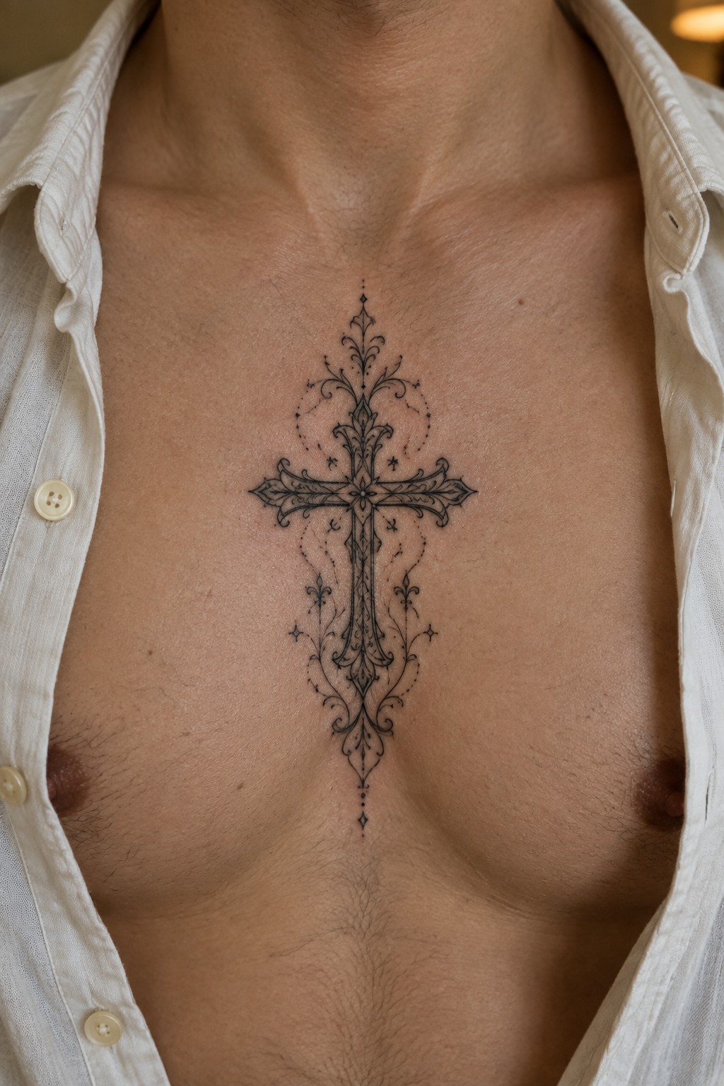 Ornate filigree cross tattoo on chest under open white button-up shirt