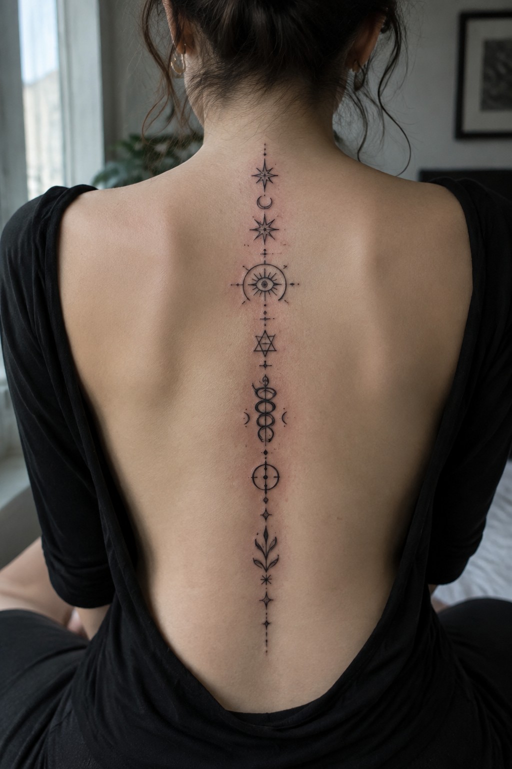 Woman's back with intricate spine tattoo of stars, moons, and symbols in black top.