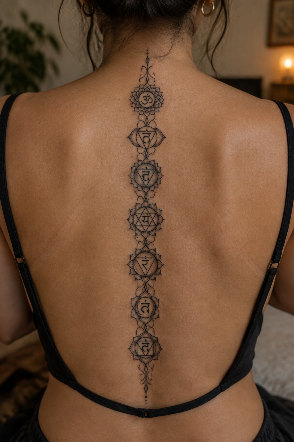 Woman's back with seven detailed chakra symbols tattooed vertically along spine in black ink.