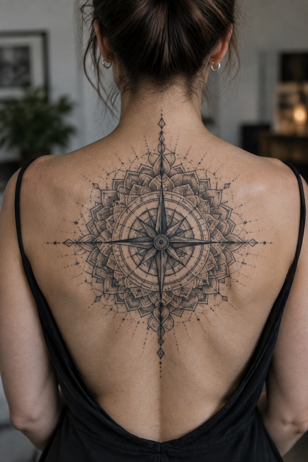 Woman in black top with large compass mandala tattoo on back