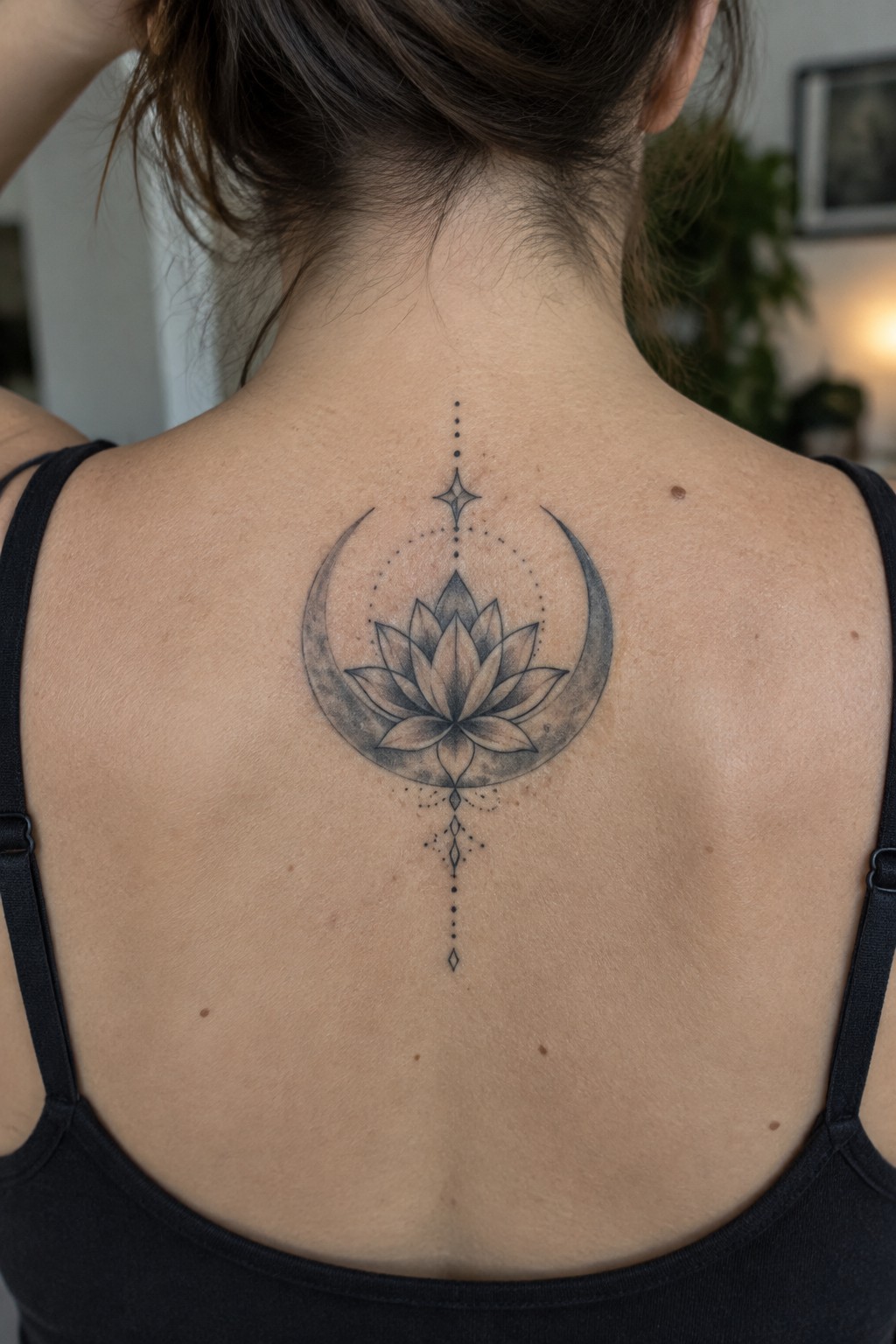 Woman's upper back with black crescent moon and lotus flower tattoo